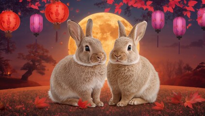 Charming rabbits basking under a vibrant moonlit sky surrounded by decorative lanterns, seasonal celebration
