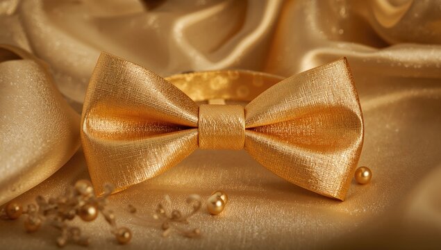 Elegant gold bow tie displayed at a festive event, adds a touch of sophistication