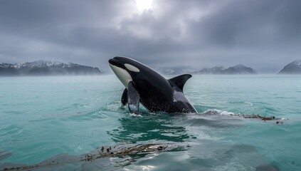 Fototapeta premium Killer whale in Shiretoko, exploring marine biodiversity, preservation