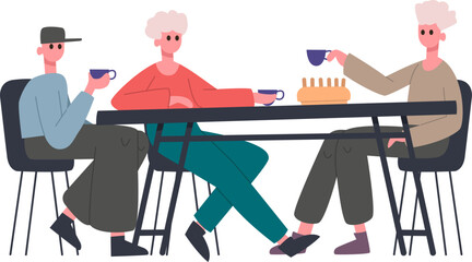 Three adults enjoying a coffee or tea break