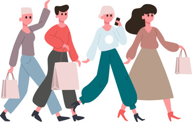 Women group walking holding shopping bags on sale