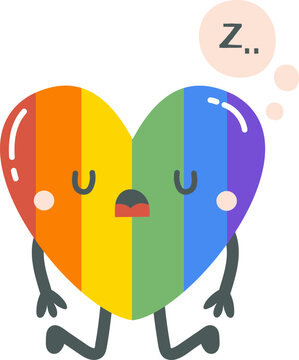 Pride rainbow heart character experiencing sleepiness and rest