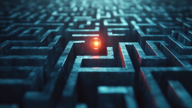 A complex maze with a glowing red light at the center of the puzzle