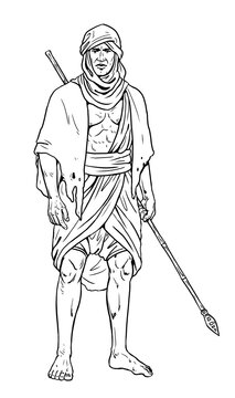 Nomadic Gaetuli warrior with spear. Historical drawing.