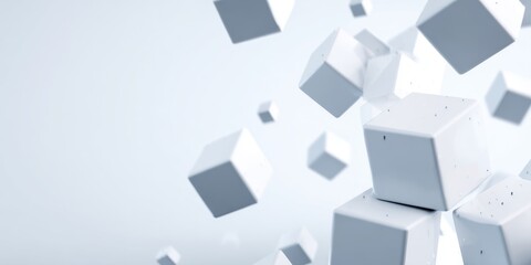 Obraz premium A dynamic composition of floating, white cubes against a light background, creating a sense of movement and depth.