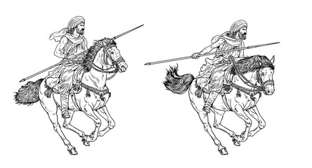 Gaetuli riders in attack. Ancient cavalry. Historical drawing.
