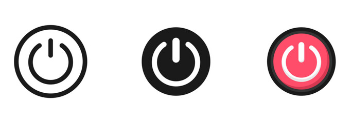 Power button icon set. ON and OFF icon. Energy sing symbol. Line, glyph and flat style. Vector illustration.