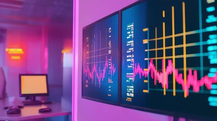Financial data showing stock market charts with neon colors - Powered by Adobe