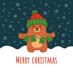 Cute cartoon bear in hat. Teddy bear in flat style for greeting card, christmas card. Vector illustration