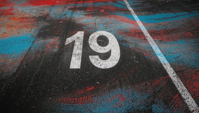 Number 19 painted on a parking space, indicating vehicle placement