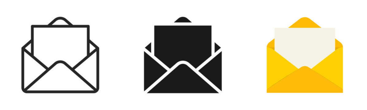 Envelope icon set. Message e-mail envelope. Letter envelope with paper document. Line, glyph and flat style. Opened message e-mail envelope. Vector illustration