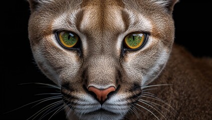 Close-up of a Puma with Striking Eyes Against a Black Backdrop, Focused on Animal Beauty