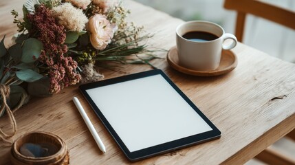 A cozy workspace featuring a tablet, a cup of coffee, and a bouquet of flowers on a wooden table.