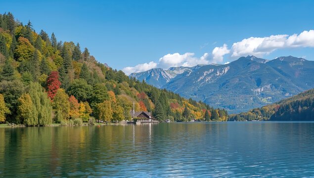 Scenic boathouse by a tranquil lake surrounded by mountains, summer leisure and natural beauty