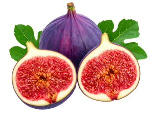 Ripe purple fruit, halved, revealing red seeds