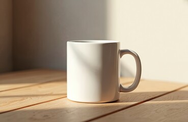 White blank ceramic mug sits on natural light wood table. Hot drink steams from cup. Bright morning sun casts shadows across desk surface. Clean simple space for branding, product display. Minimalist