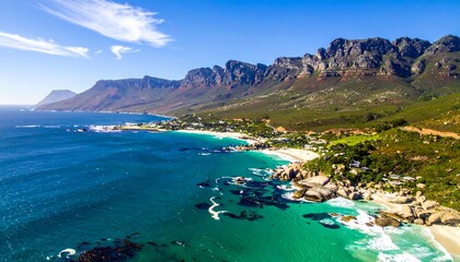 Naklejka premium Breathtaking aerial view of Camps Bay beach and Twelve Apostles mountains.