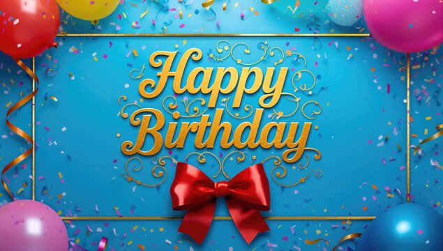 Colorful frame featuring festive decorations against a blue backdrop, suitable for birthday celebrations