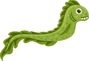 Green cartoon sea creature character swimming underwater