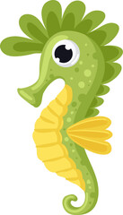 Cute cartoon green seahorse swimming marine animal