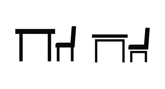 Simple black and white illustration of a table and two chairs