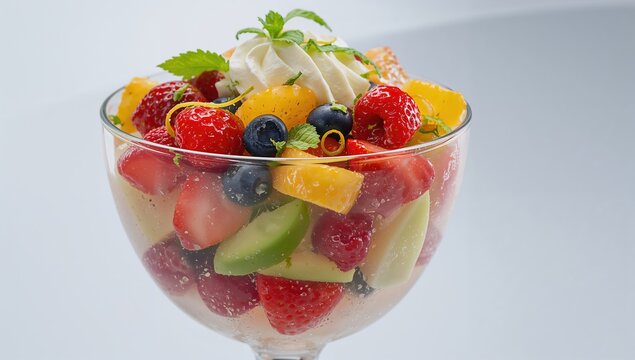 Mixed fruits including berries, citrus zest, mint, and honey dressing topped with whipped cream, a fiber-dense choice