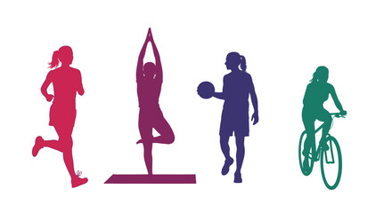 Silhouettes of women engaged in various fitness activities and sports