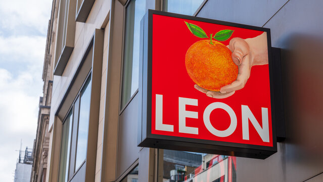 Leon restaurant sign, 24 April, Central London, UK
