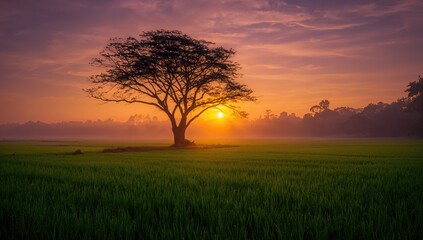 Obraz premium Tree Silhouette against a Foggy Dawn over Agricultural Rice Terrain, seasonal change
