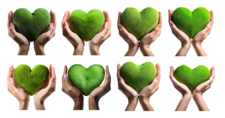 Hands Holding Varied Green Hearts Symbolizing Love for Nature, isolated on transparent background