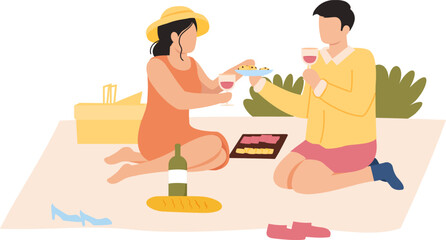Couple enjoying picnic outdoors drinking wine and eating