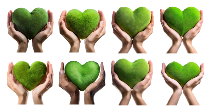 Hands Holding Varied Green Hearts Symbolizing Love for Nature, isolated on transparent background