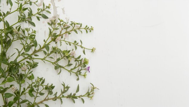 White wooden backdrop featuring Ocimum minimum plant, ideal for editorial header background
