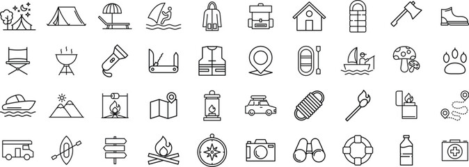Outdoor and Camping line icon set, Nature, Adventure, Holiday, Travel, Trip, and Vacation line icon pack