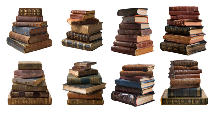 Pile of old books with different bindings isolated on transparent background - Powered by Adobe