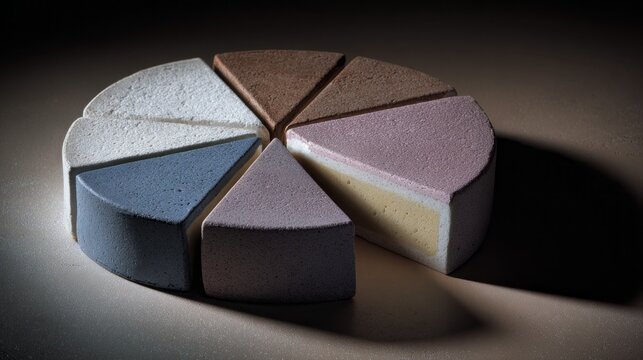 Abstract Stone Pie Chart Sculpture with Colorful Wedge Segments on Studio Background. AI generative