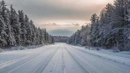 Obraz premium Snow-covered road lined with pine trees, showcasing winter travel conditions