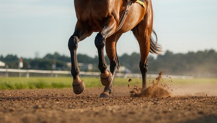 A stallion running swiftly on sandy terrain, dust rising from its hooves, action shot for editorial use