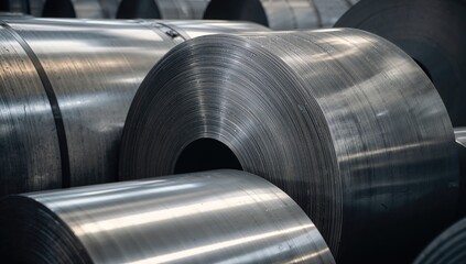 Rolled steel sheets bundled together, industrial efficiency