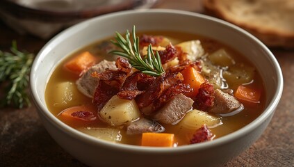 Bacon soup with vegetables and herbs, a protein-rich meal for winter warmth