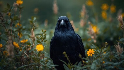 A black crow perched in a lush natural setting, showcasing the contrast of its dark feathers against the vibrant landscape, preservation