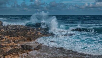 Rough ocean waves crashing against rocky shoreline, erosion risk