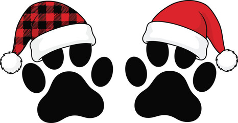 This Pet Christmas design features dog and cat paw silhouettes wearing Santa hats, with two style options: a solid red hat and a festive red buffalo plaid pattern for pet lovers