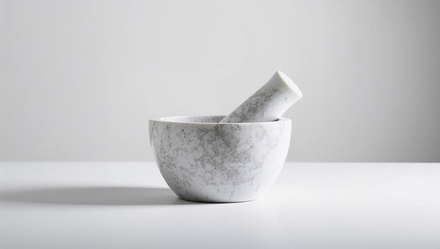 Marble mortar set against a white backdrop, ideal for food preparation tasks