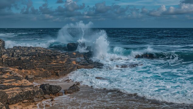 Rough ocean waves crashing against rocky shoreline, erosion risk