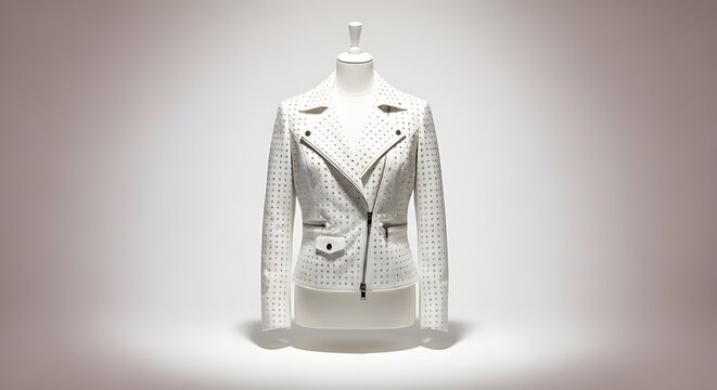 Elegant White Textured Biker Jacket, Women's Fashion Apparel, Mannequin Display, Studio Lighting

Stylish Contemporary Outerwear with Quilted Pattern,