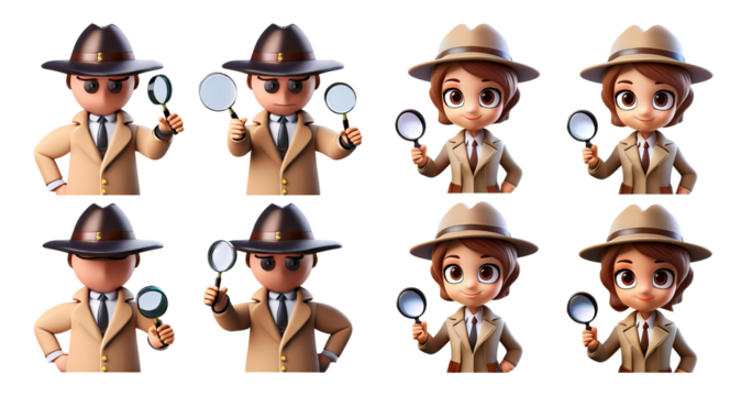 Cartoon Characters as Detectives with Magnifying Glasses, Multiple Poses, isolated on transparent background