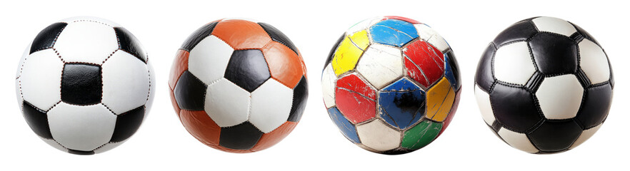 Obraz premium Collection of Four Distinct Soccer Balls with Various Designs, PNG bundle collection, Isolated on Transparent Background