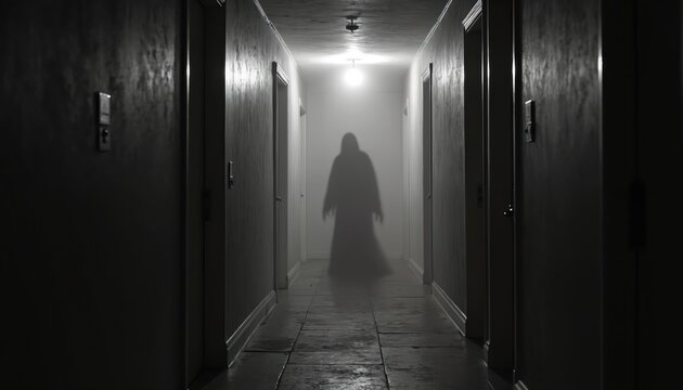 Dark empty hotel corridor with foggy atmosphere. Shadowy figure of a ghost appears at end of hall. Eerie light bulb illuminates spooky scene. Paranormal entity looms. - Powered by Adobe