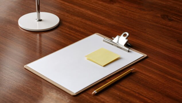 Clipboard with empty paper and pencil on wooden desk, ideal for note-taking or drafting